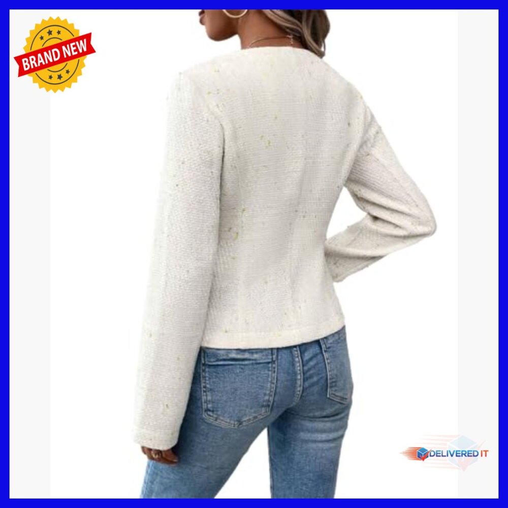 Women's Tweed Blazer Jacket Collarless Open Front Slim Fit Work Casual - Picture 4 of 7
